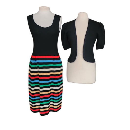 Vintage 1970s St John Dress Knit Rainbow Stripe Black Midi + Bolero Jacket