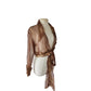 Vintage 90s Sheer Organza Blouse Jacket Copper Brown Sash Tie Belt