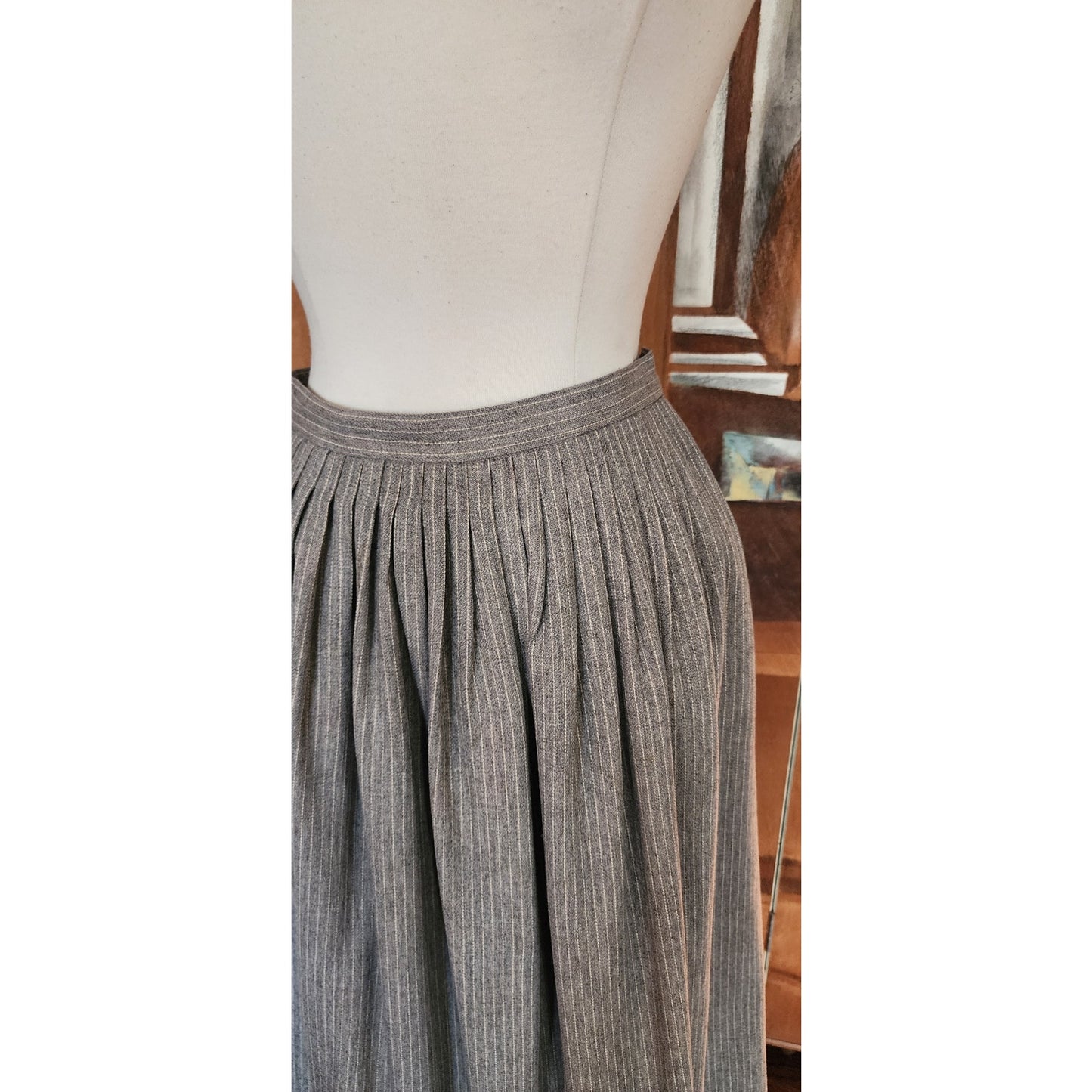 Vintage 70s Geoffrey Beene Bag Midi Skirt Gray Pinstriped Wool A Line / M