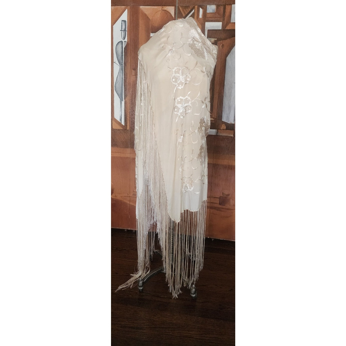 Vintage 1920s Piano Shawl Ivory Silk Embroidered Long Macrame Fringe Manila Evening Wrap