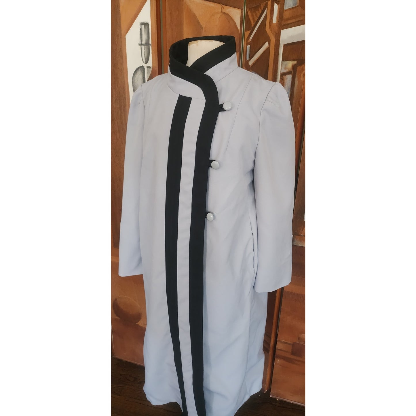 Vintage 1980s Alorna Spring Coat Gray w/Black Art Deco Style Trim / XL