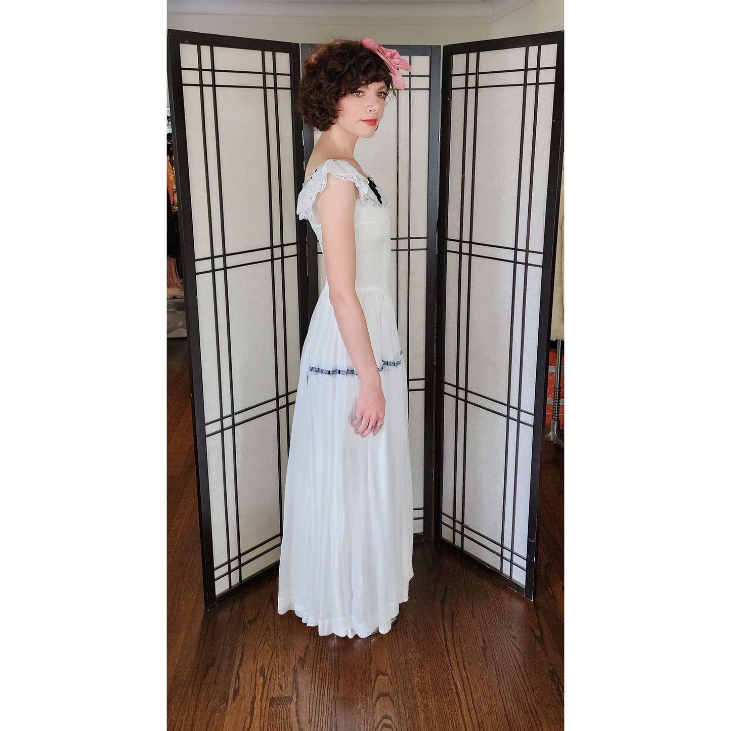 Vintage 30s White Ruffled Evening Dress Black Ribbon Trim