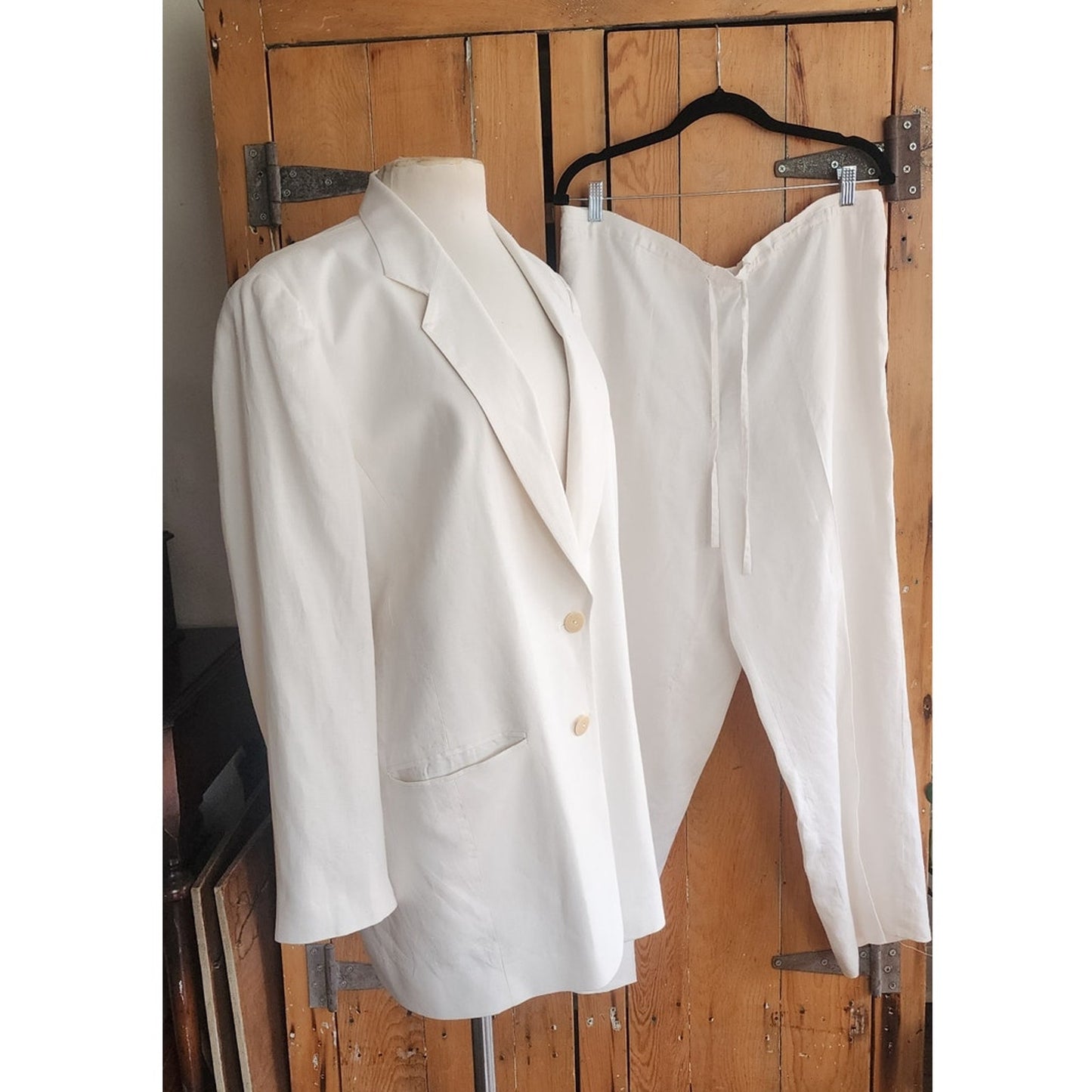 Vintage 1990s DKNY White Linen Pant Suit w/Drawstring Waist / M - L