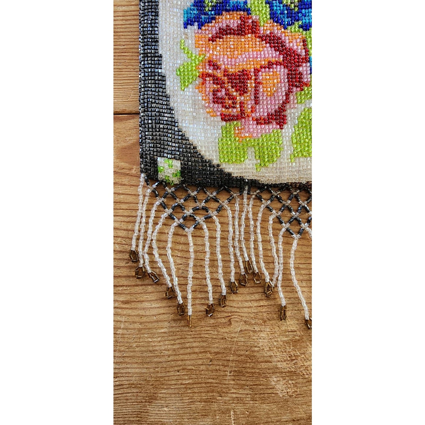 Antique Glass Bead Bag Edwardian Purse Floral Rose Pattern