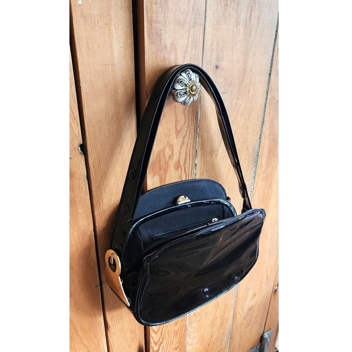 Vintage 60s Mod Black Purse Patent Leather Convertible Shoulder Bag