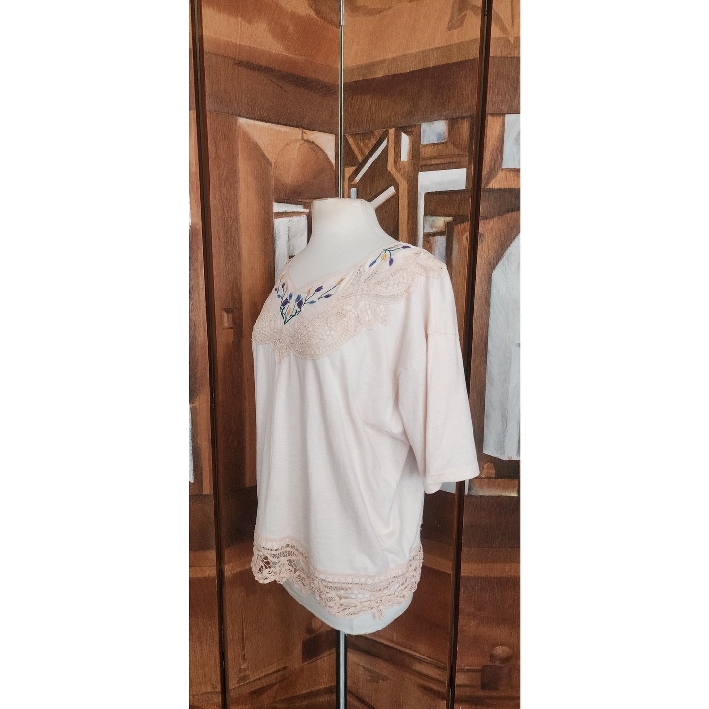 Vintage 70s Peasant Blouse Embroidered Cream Cotton Lace Short Sleeves