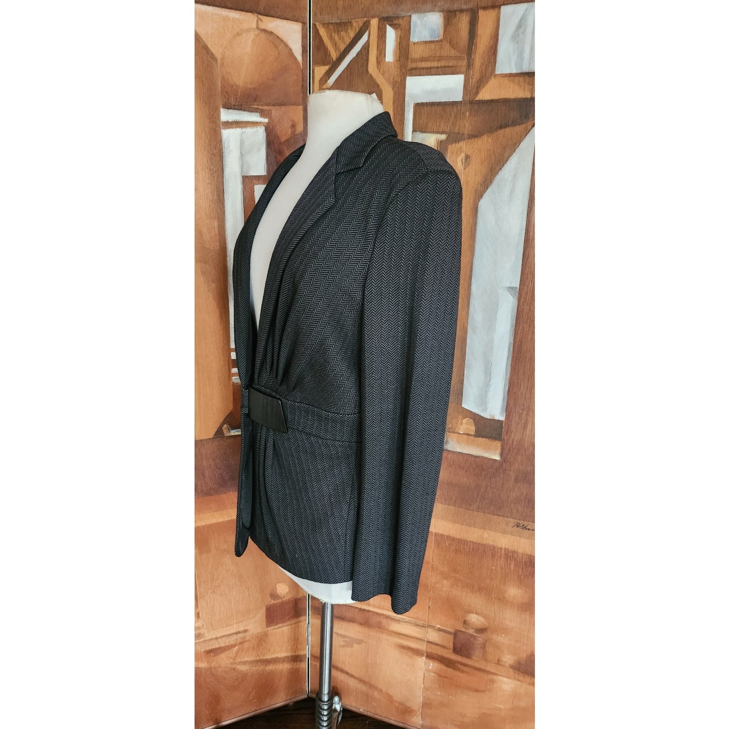 Vintage 2000s Armani Blazer Gray Herrinbone Wool Fitted Jacket Buckle Closure