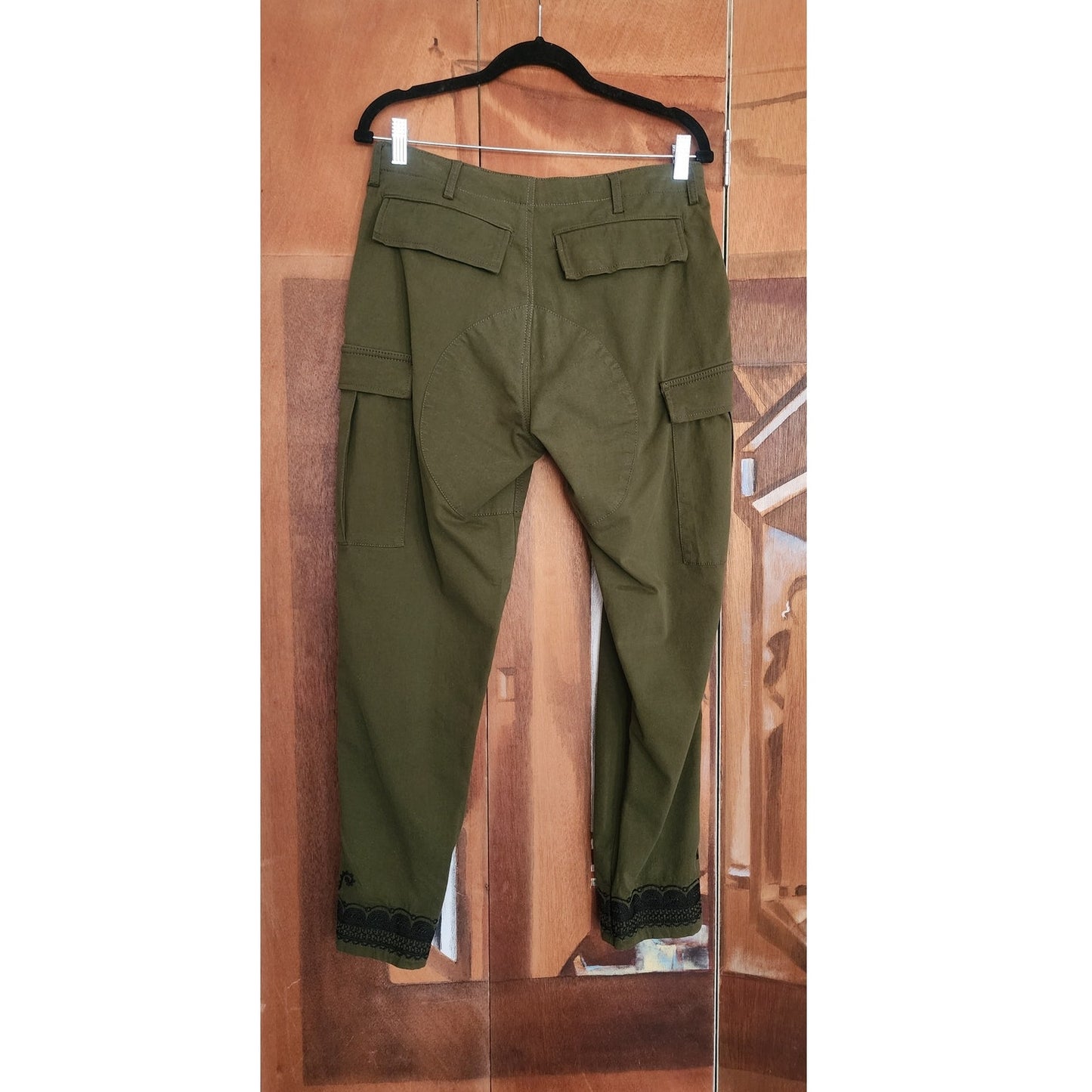 Lola Loves Cargo Designer Pants Green w/Black Lace Embroidery 30" Waist