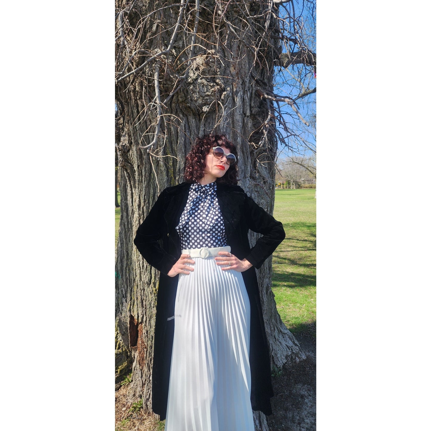 Vintage 1970s Maxi Dress Polkadot Print Pleated Skirt Black White Belted / S