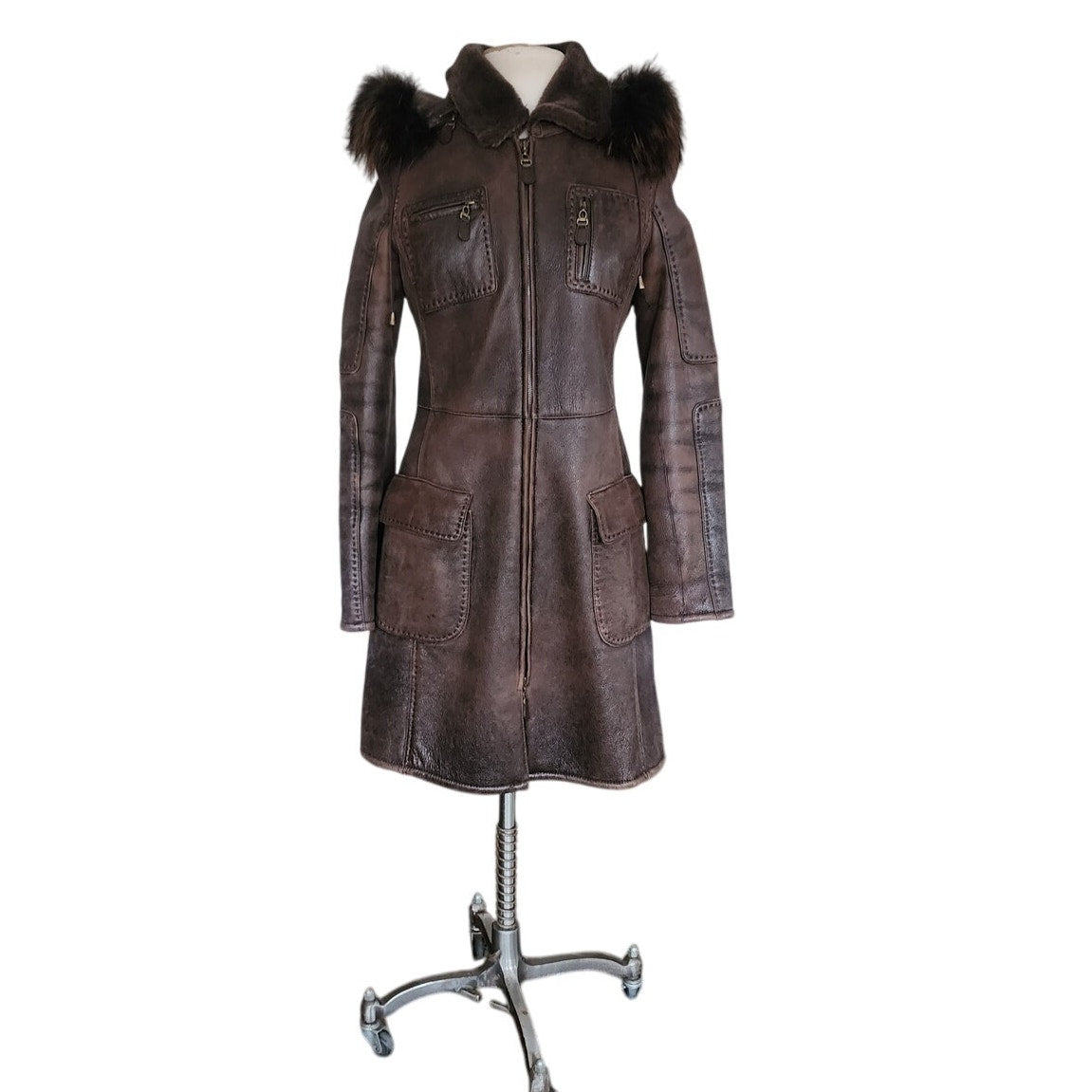 Vintage 2000s Brown Leather Parka Coat w/Fur Lined Hood & Shearling Liner Fitted S