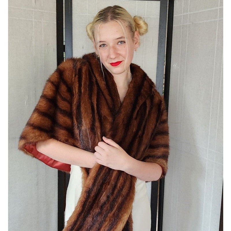 Vintage 50s Fur Stole Brown Mink Dyed Muskrat