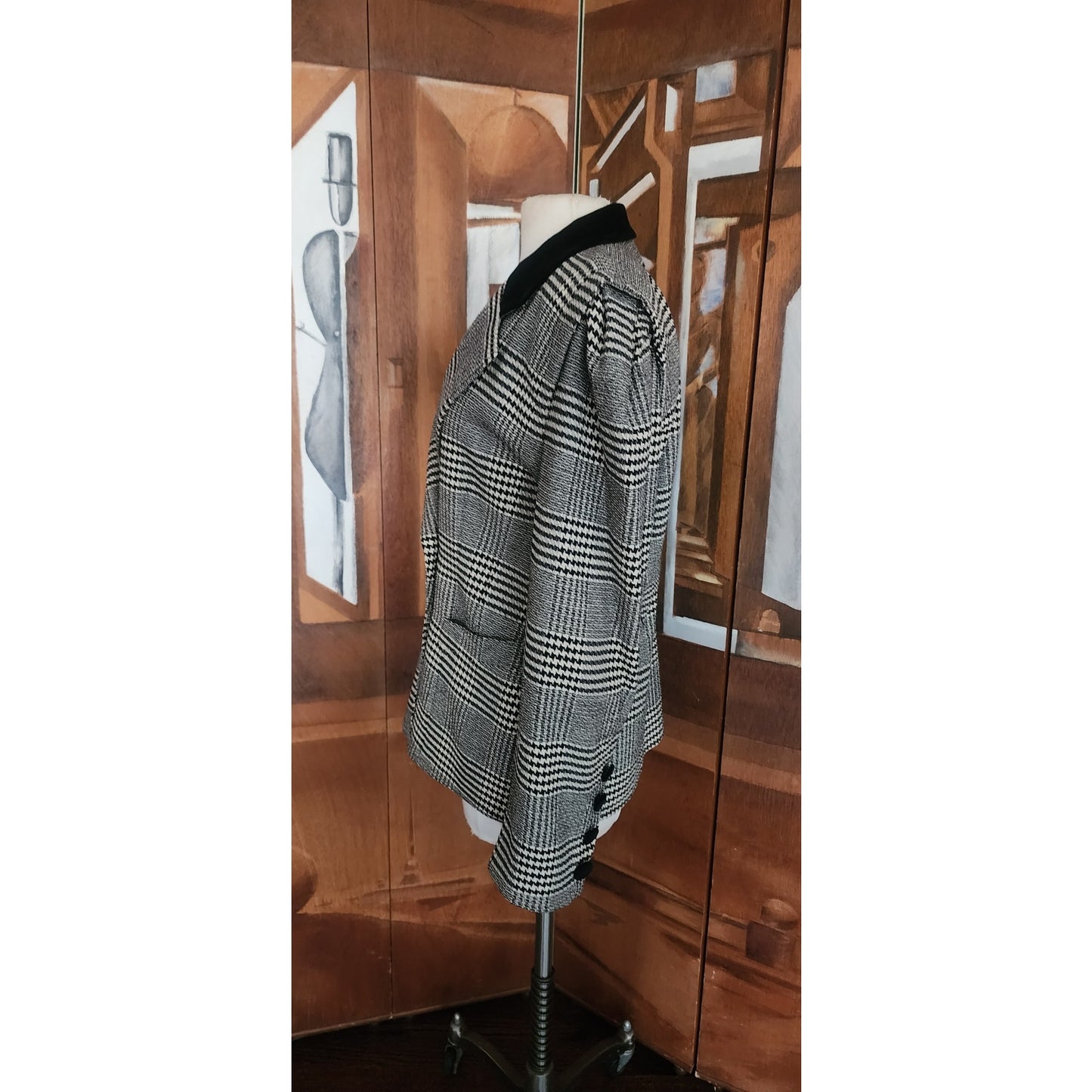 Vintage 1980s ESCADA Blazer Black Gray Plaid Tailored Jacket Double Breasted Velvet Collar