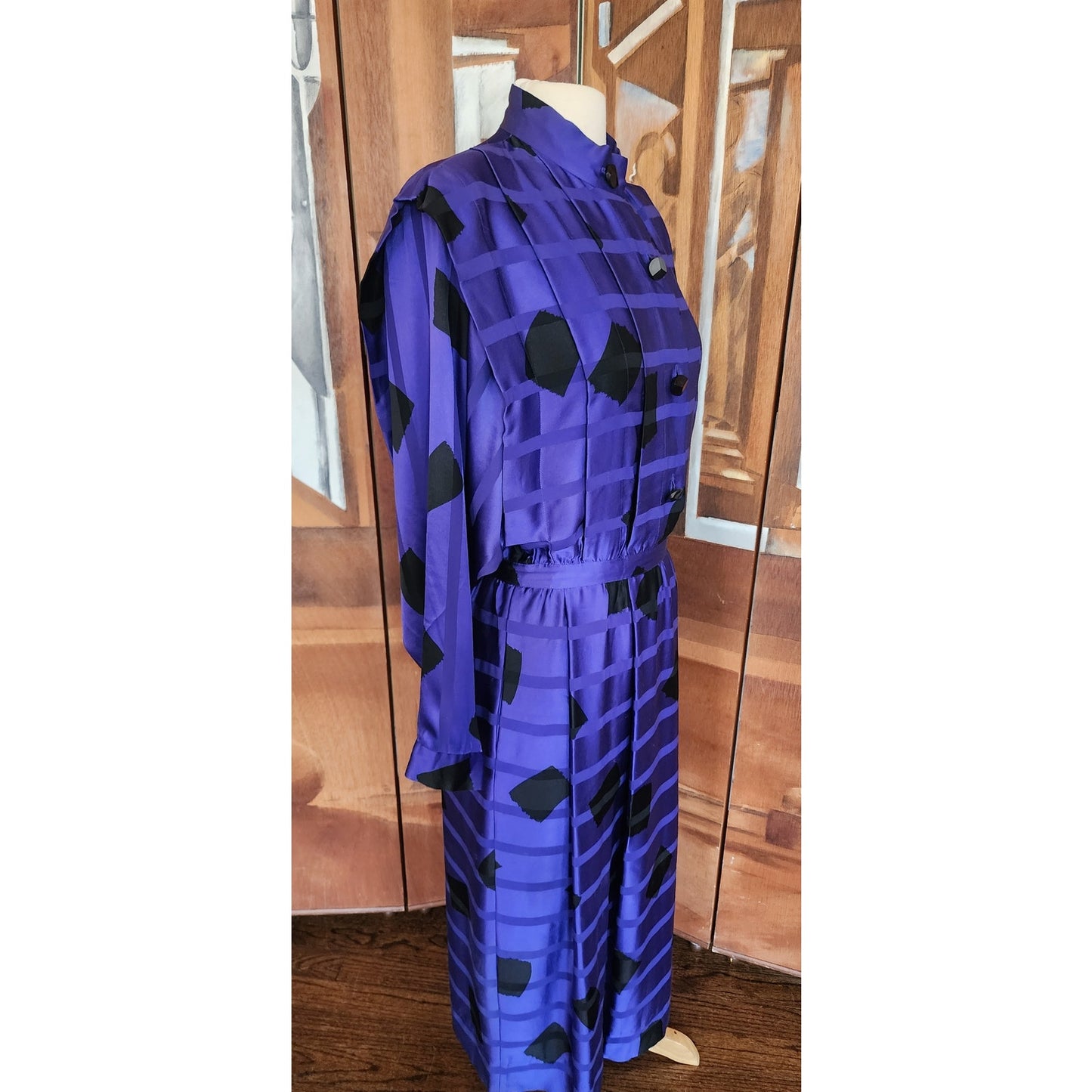 Vintage 80s Blue Geometric Print Silk Dress Button Down Shirt Dress Albert Nipon