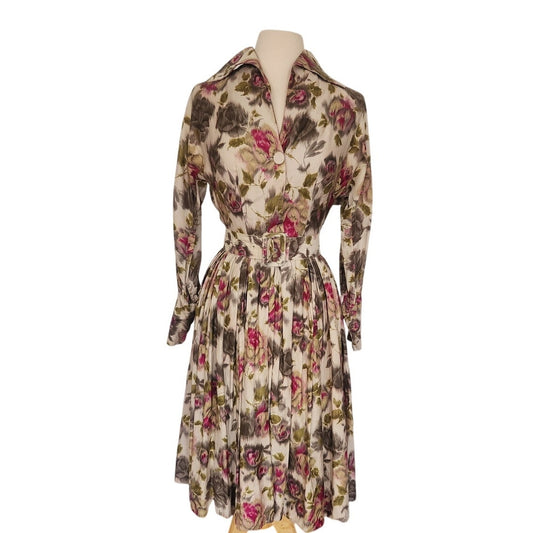 Vintage 1950s Floral Print Dress Belted Button Down Silk Shirtdress Olga / XS