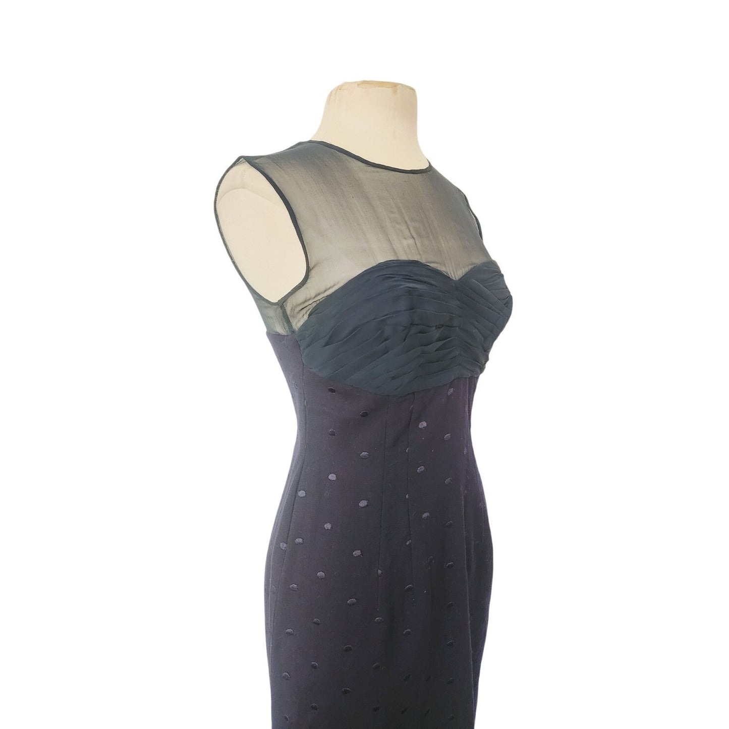 Vintage 1950s Dress + Jacket Suit Set Navy Blue Polkadot Wool Silk / M