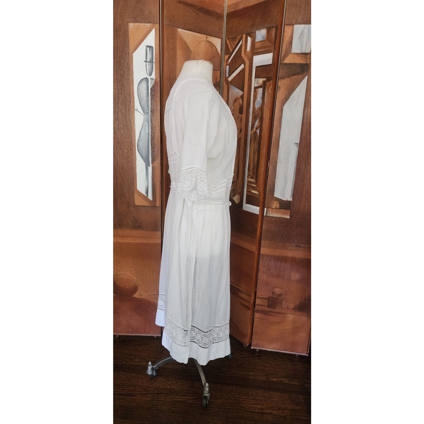 Antique 1910s White Lingerie Tea Dress Lawn Gown Crochet Lace Embroidery Drop Waist L