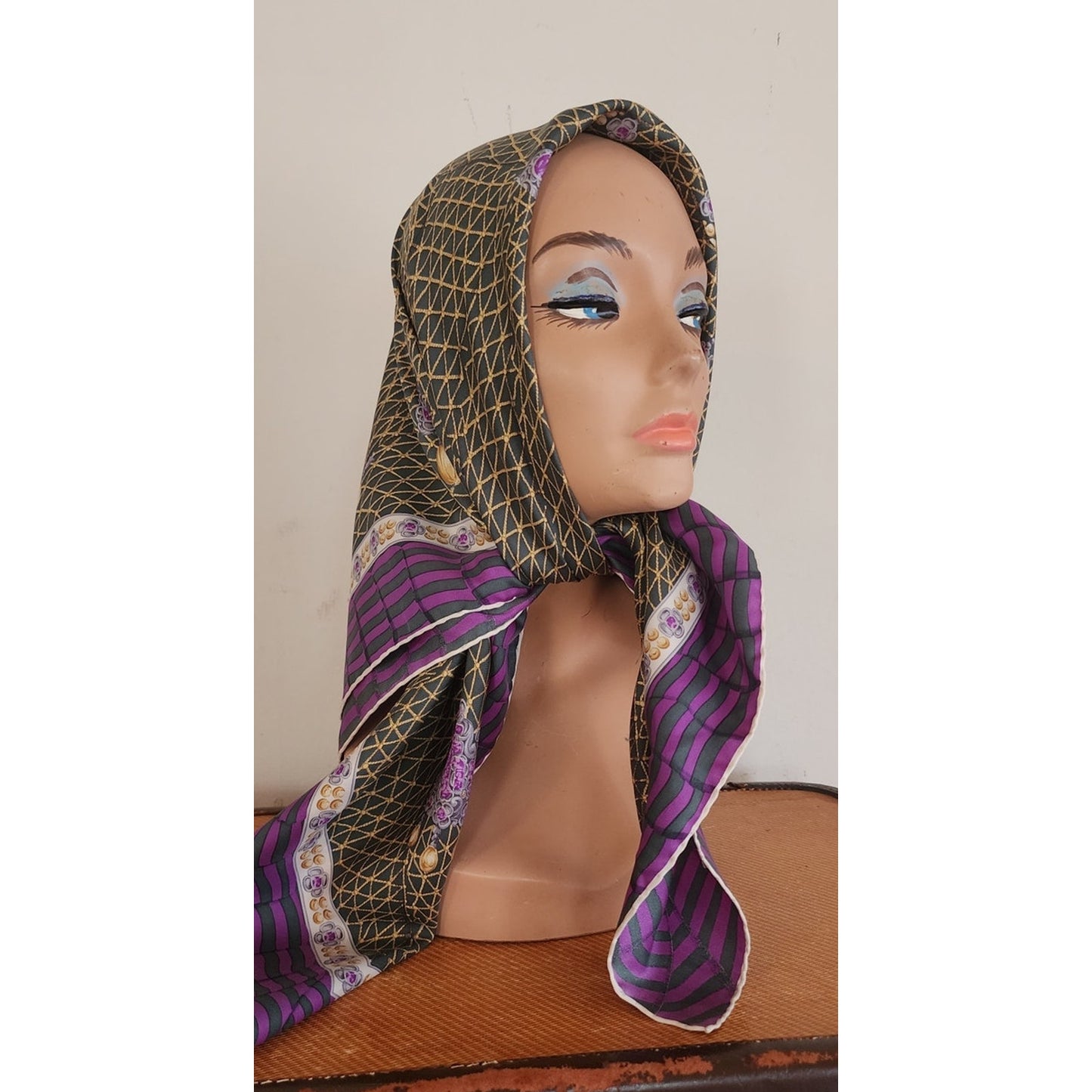 Vintage Bottega Veneta Silk Scarf Green Purple Jewelry Print