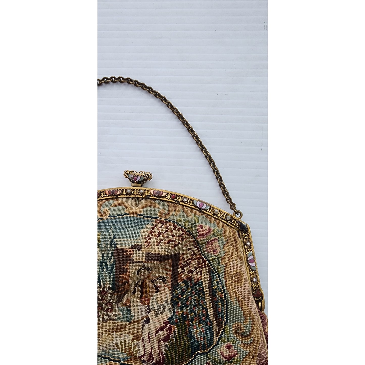Antique French Handbag Tapestry Weave w/Enameled Frame Pastoral Rococo