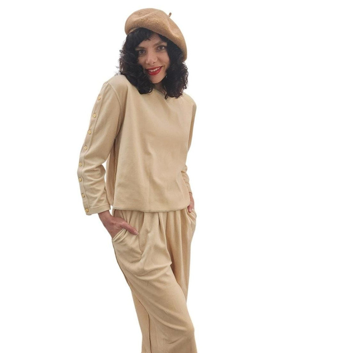 Vintage 1990s Sonia Rykiel Track Suit Beige Velour Gold Logo Buttons Top Pants