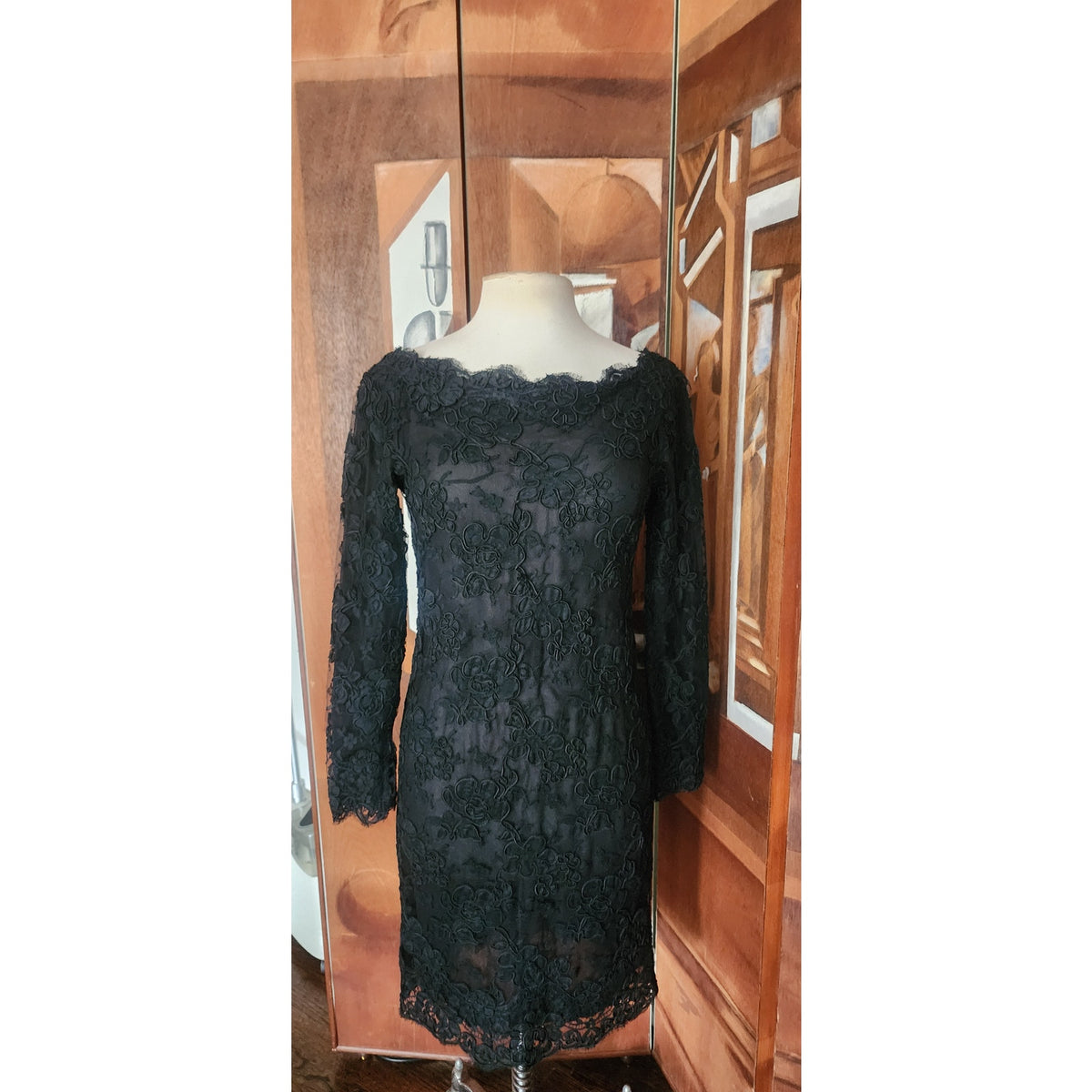 Vintage 1990s Calvin Klein Dress Black Lace Scalloped Boat Neck Long Sleeve Sz 8