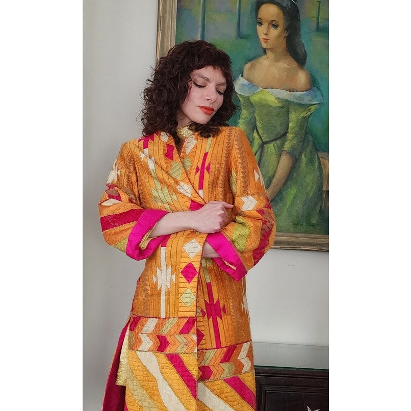 Antique Silk Patchwork Coat Artistinal Boho Gold Fuschia Folk Geometric
