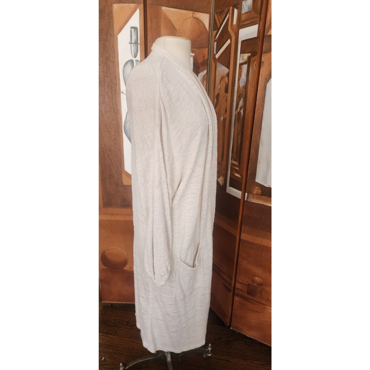 Vintage 1980s Maria Rodriguez Chicago Cardigan Duster Long Jacket Cream Knit L
