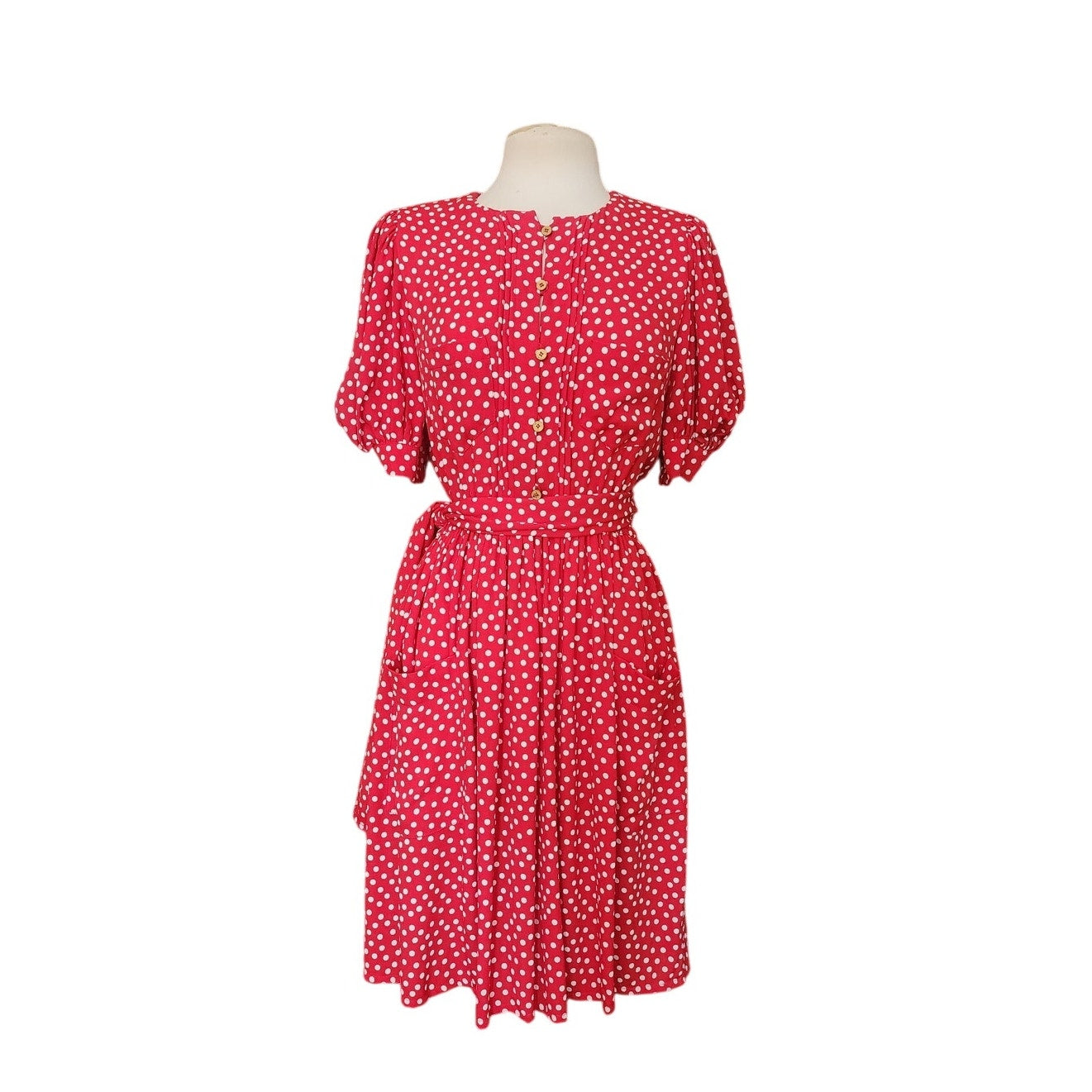 Vintage 1980s Sonia Rykiel Dress Red Polka Dot Rayon Short Sleeved Midi w/Belt