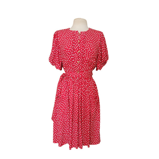 Vintage 1980s Sonia Rykiel Dress Red Polka Dot Rayon Short Sleeved Midi w/Belt