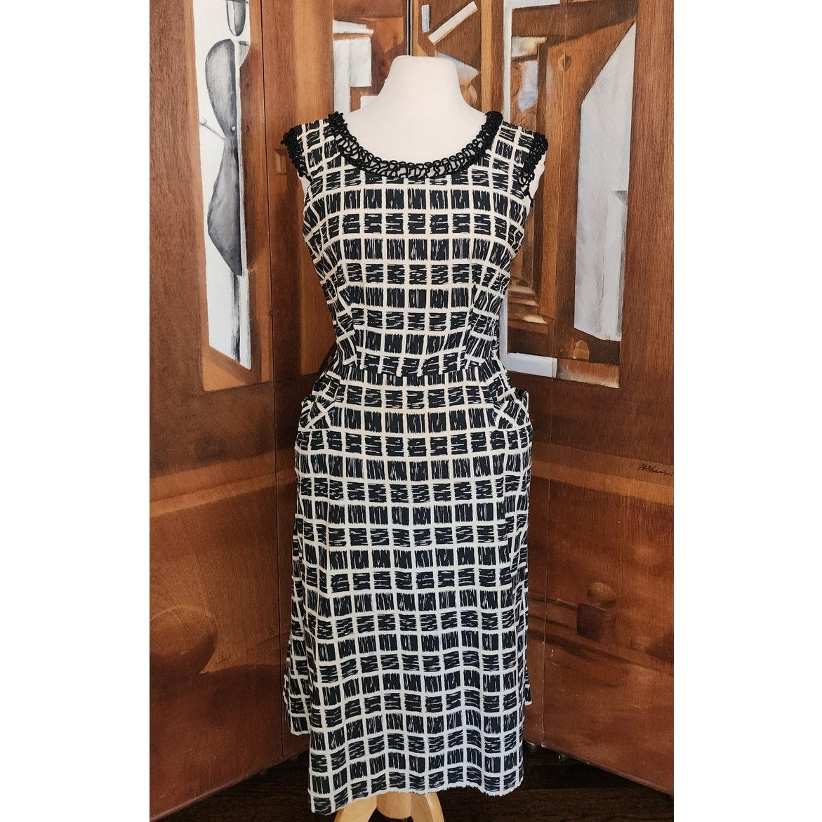 Vintage 50s Cotton Print Dress Black White Check Belted / M to L