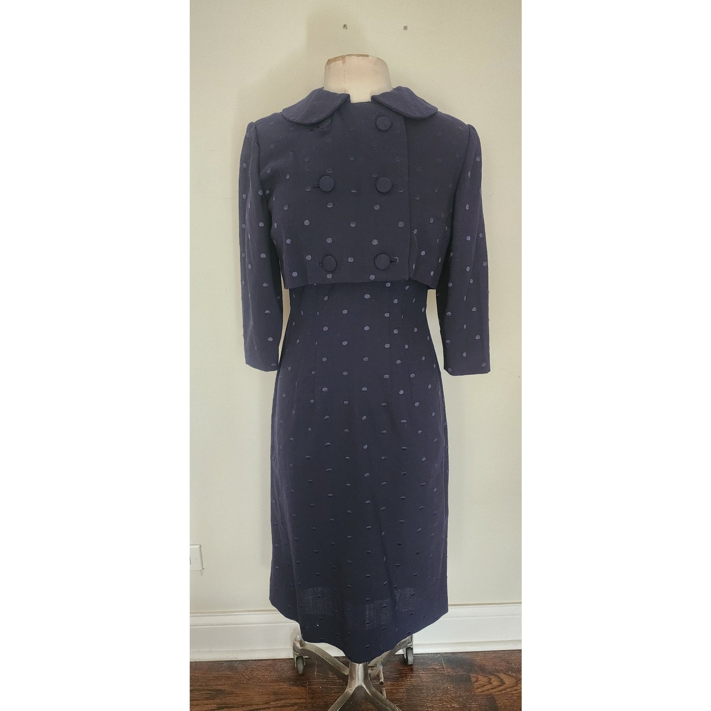 Vintage 1950s Dress + Jacket Suit Set Navy Blue Polkadot Wool Silk / M