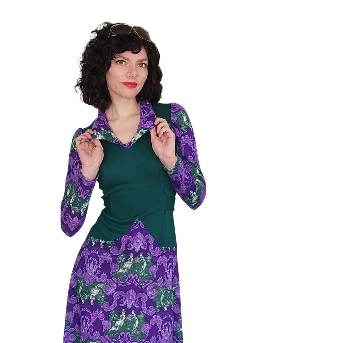 Vintage 1970s Maxi Dress Purple Green French Toile Print Renaissance Baroque Boho Witch Princess