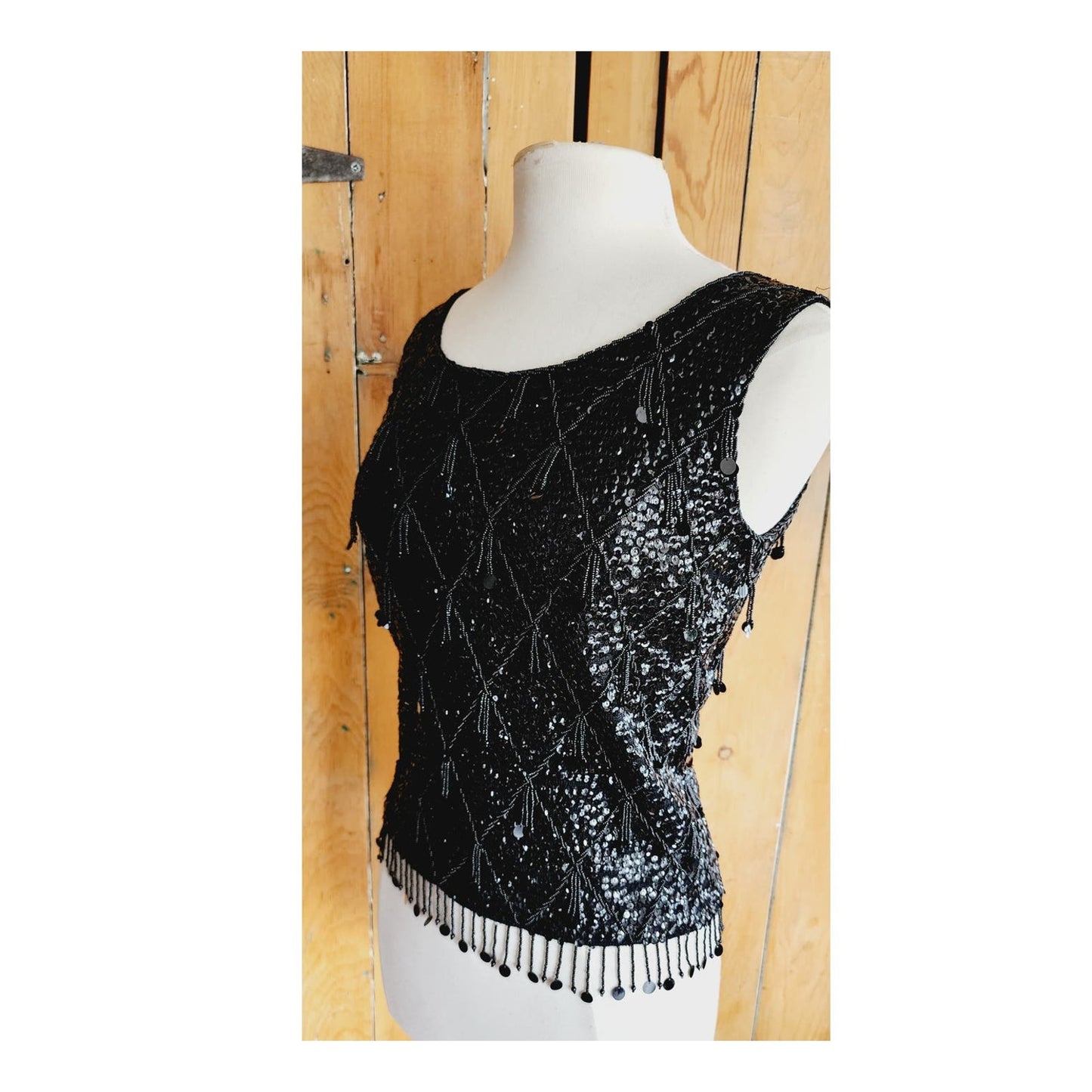 Vintage 60s Black Beaded Shell Top Dressy Sleeveless