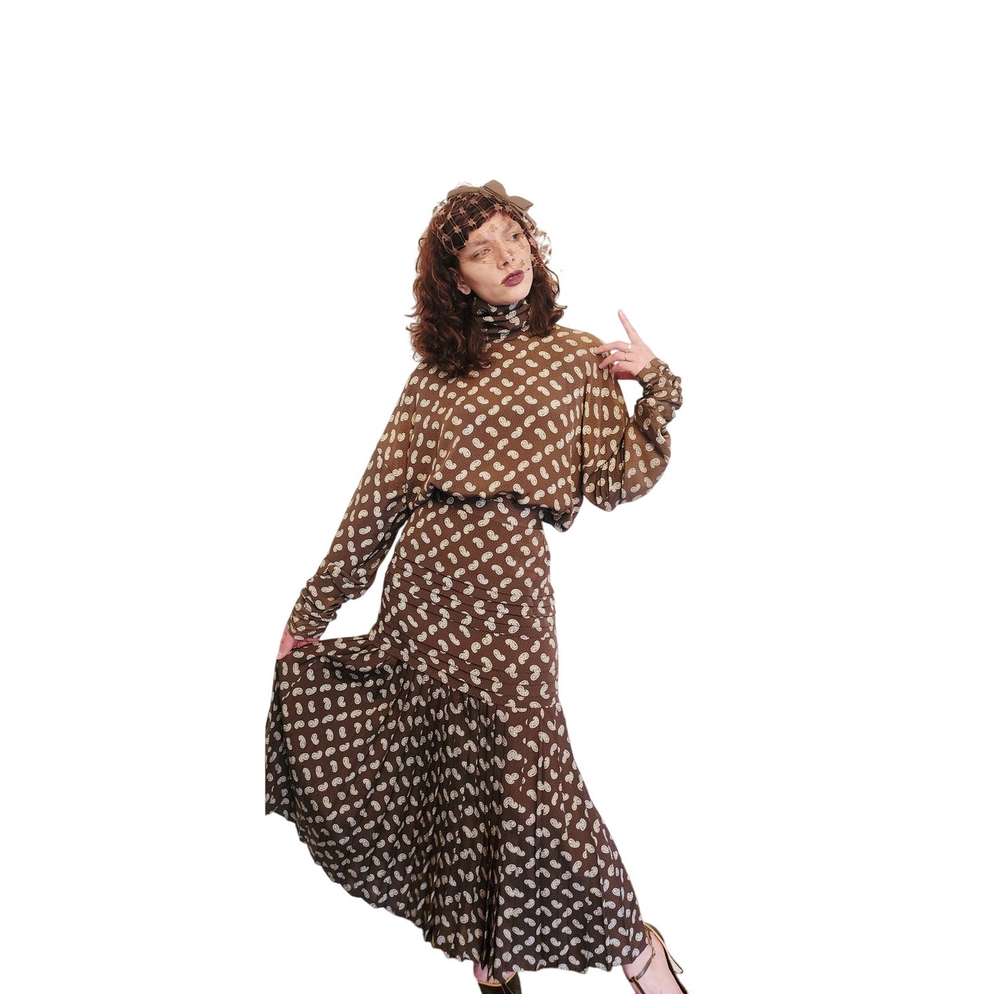 Vintage 1980s GENNY Blouse + Skirt Set Brown White Paisley Silkprint