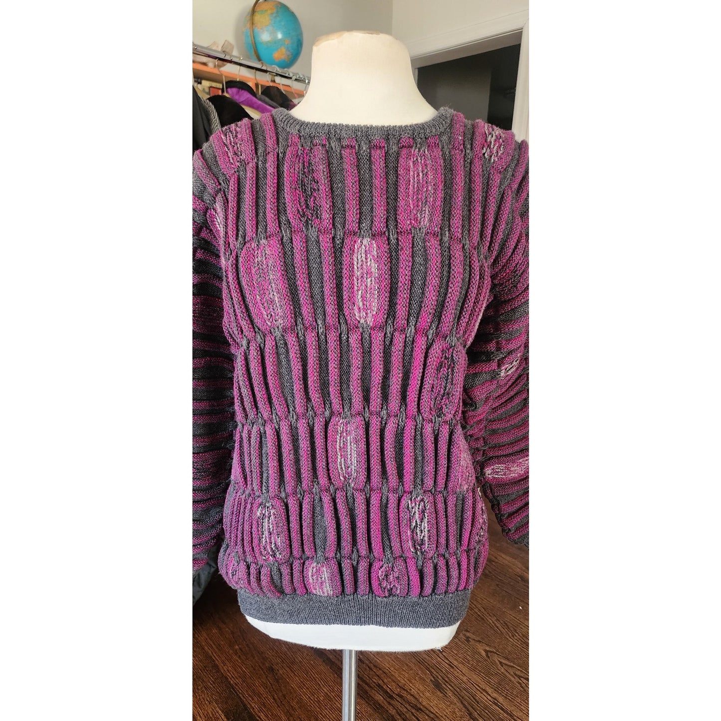 Vintage 80s Ros Joffe Sweater Mens Purple Black Wool 3D Novelty Knit / M