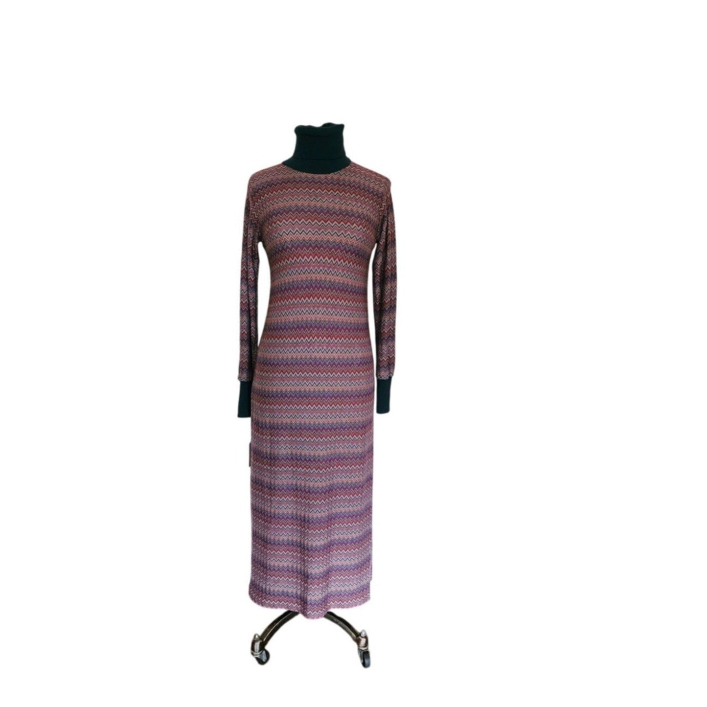 Vintage 70s MISSONI Knit Dress Long Sleeved Turtleneck Zigzag Pattern