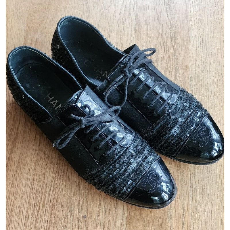 CHANEL Lace Up Shoes Loafers Black Patent Leather & Sequins 38 1/2