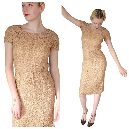 Vintage 50s Ribbon Lace Dress Helen Barbieri Beige Peach