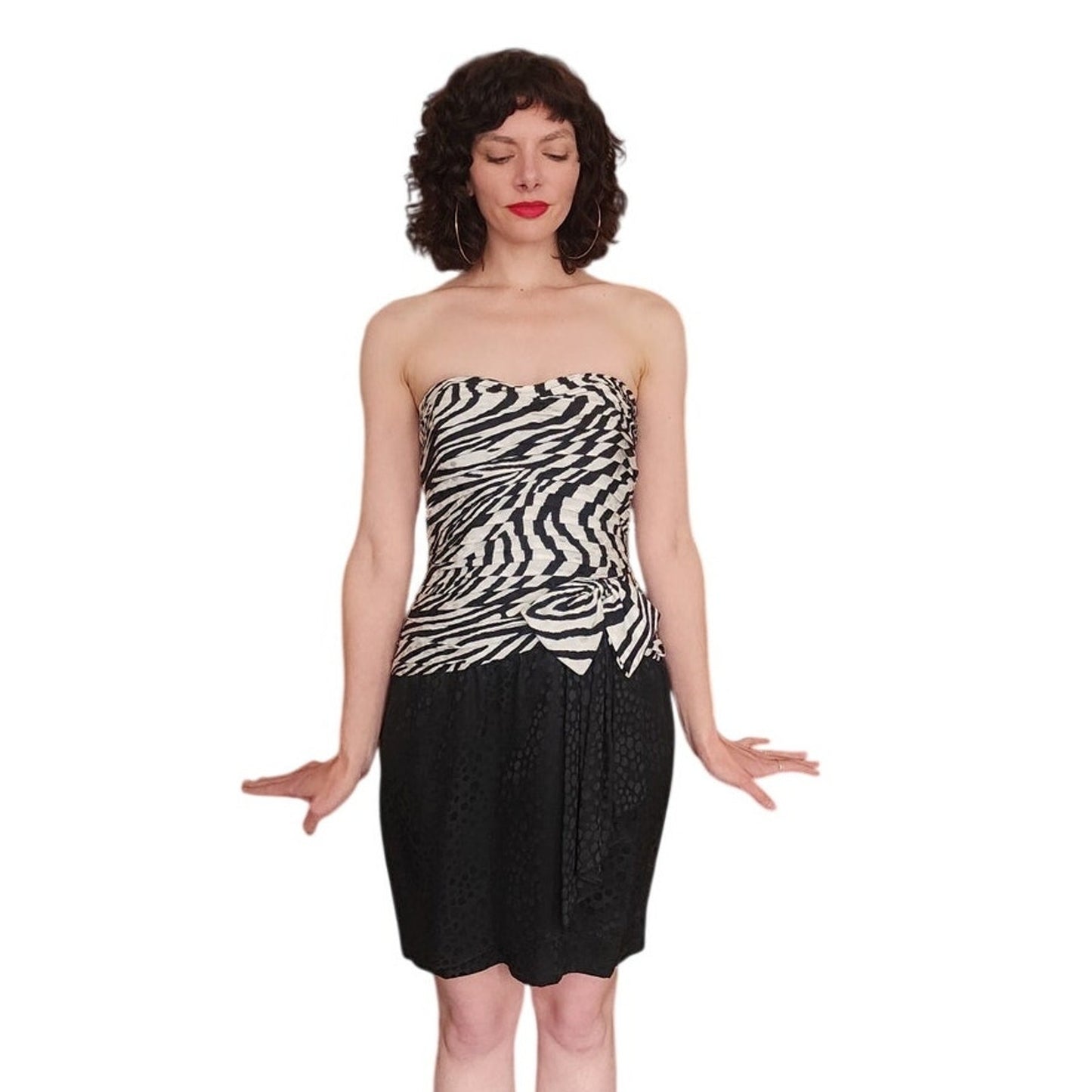 Vintage 1980s AJ Bari Strapless Dress Bolero Jacket Suit Set Zebra Print Black White Silk / M