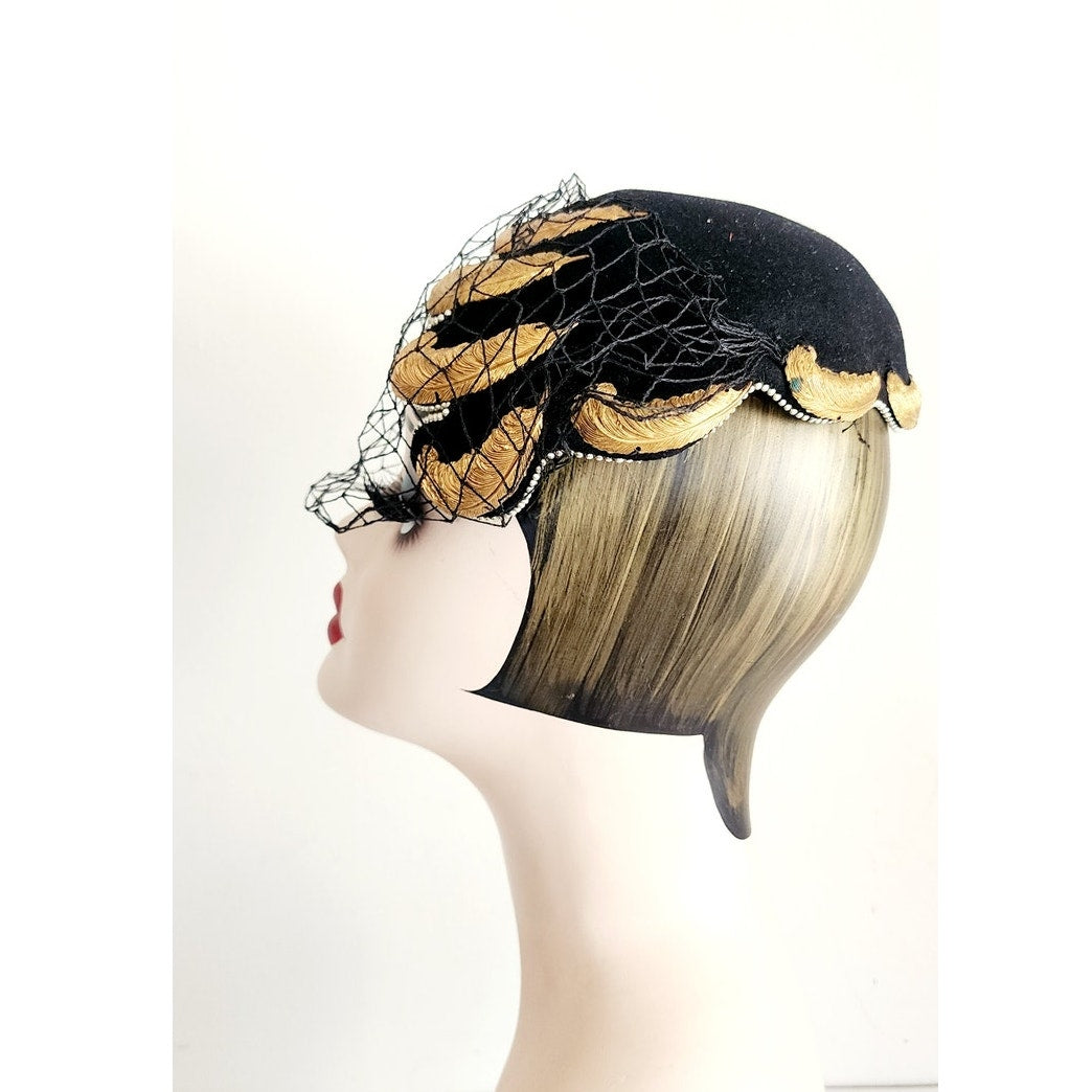 Vintage 50s Bes-Ben Hat Black Wool Gold Feather Motif