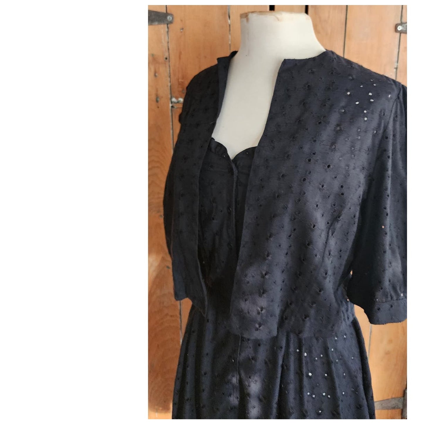 Vintage 70s Black Eyelet Lace Dress + Bolero Jacket Set Chetta B by Peter Noviello