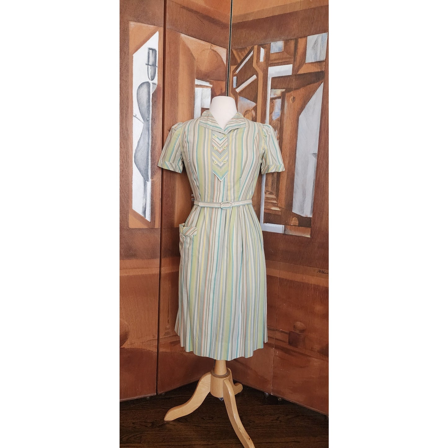 Vintage 40s 50s Pastel Green Blue Striped Day Dress w/Pocket & Belt Short Sleeves