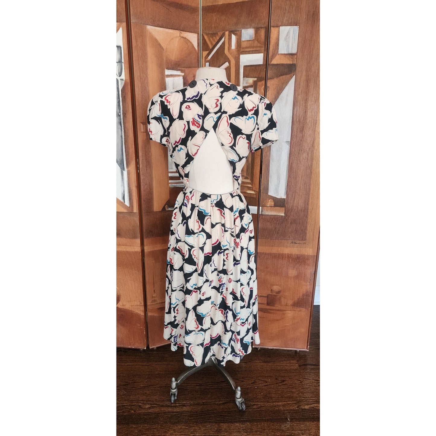 Vintage 1980s Krizia Dress Silk Puff Sleeve Open Back Geometric Abstract Midi