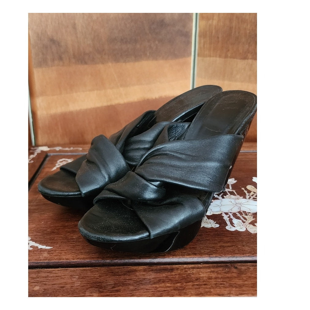 Vintage Robert Clergerie Slides Heels Black Leather Architectural Wedge Sandals Size US 6