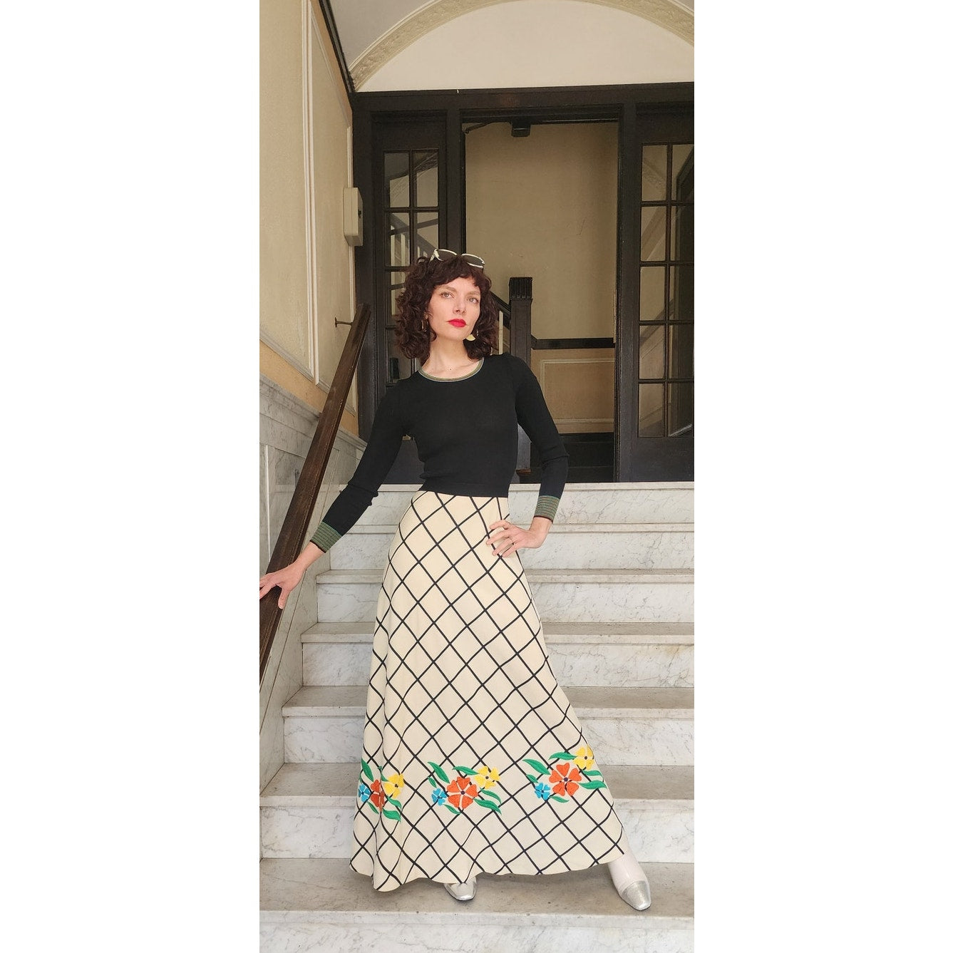 Vintage 70s Boho Maxi Dress Black Knit Top Cream Windowpane Skirt Floral Crissa Italy