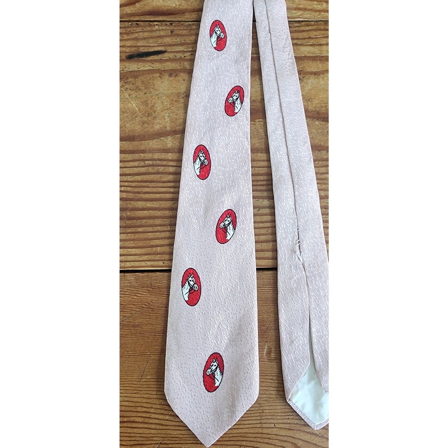 Vintage 30s Mens Necktie Pink Red Horse Print Equestrian Short Length
