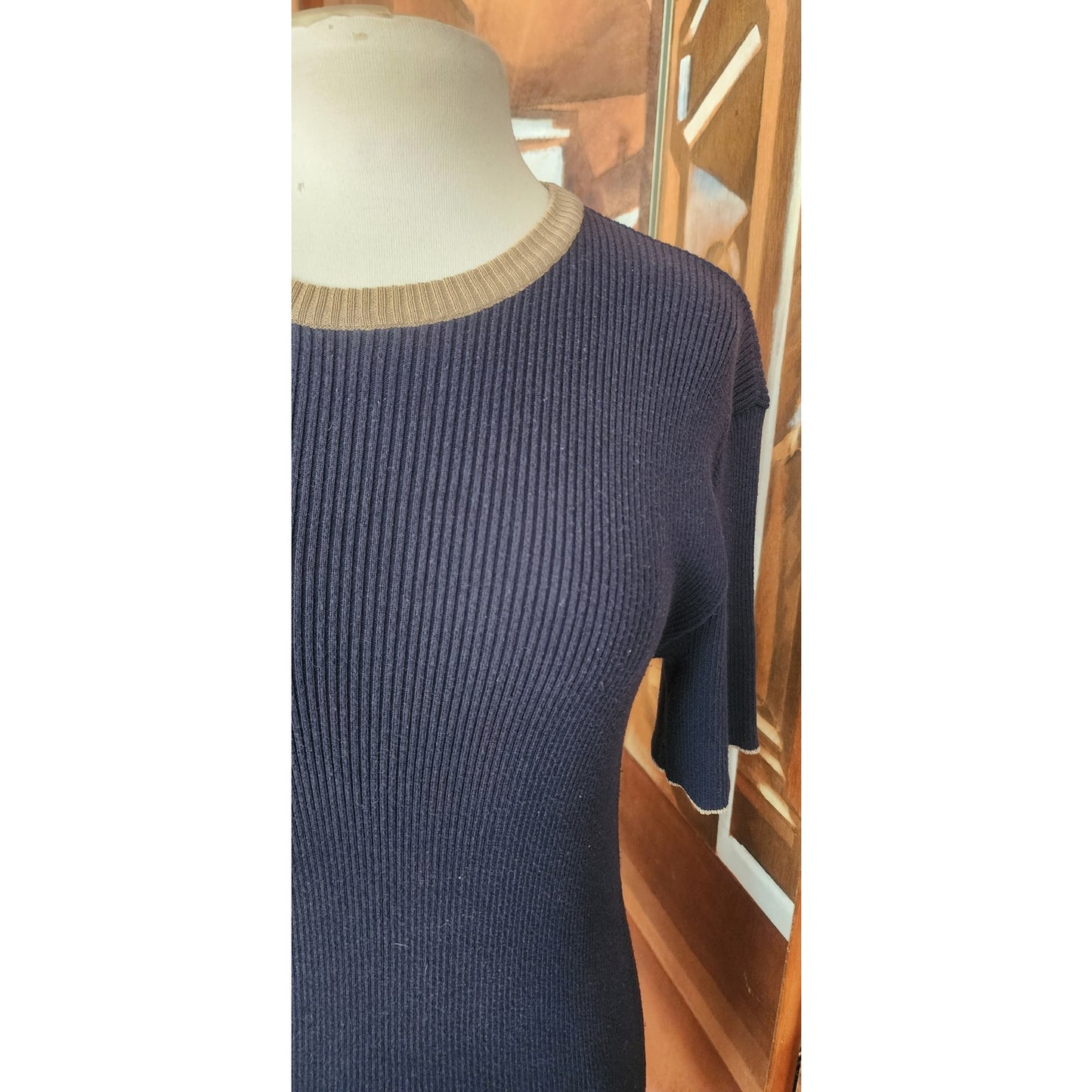 Vintage 90s D&G Dolce & Gabbana Ribbed Knit Mini Dress Blue Beige Trim