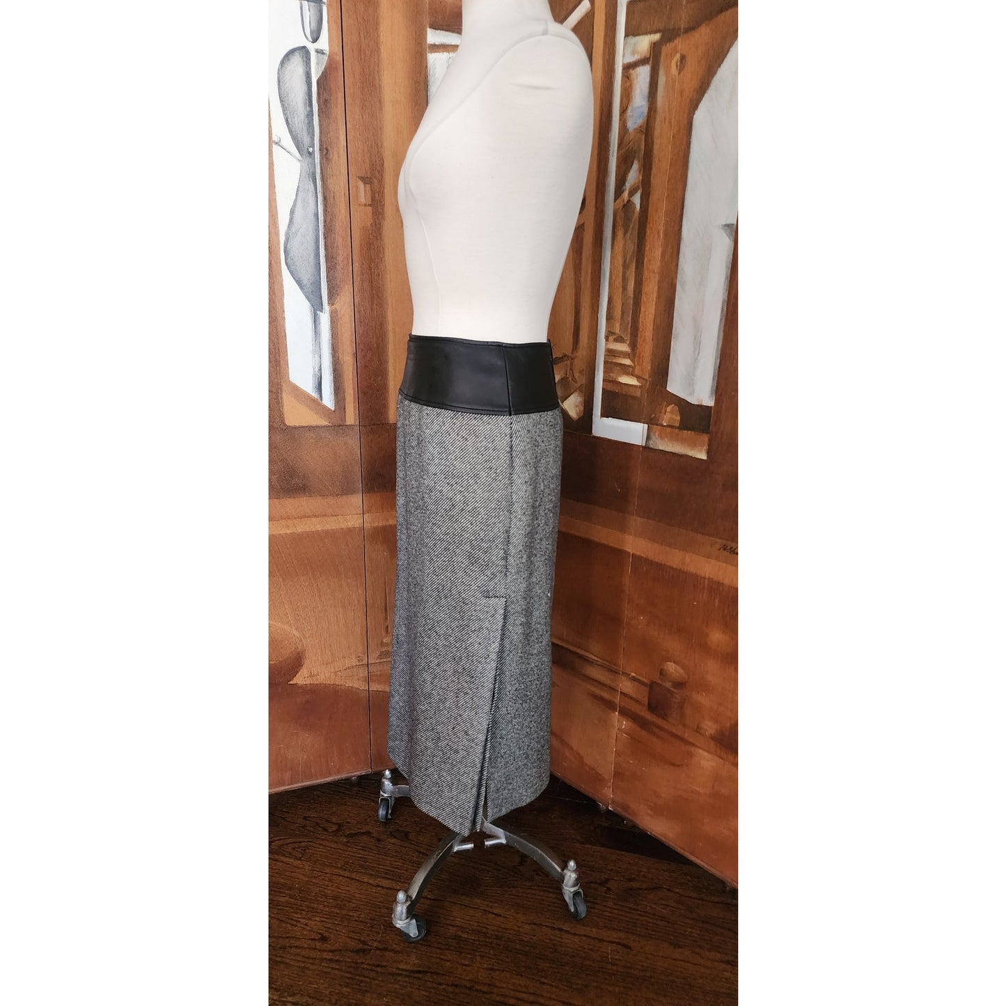 Vintage 80s Guy Laroche Boutique Pencil Skirt Gray Wool Tweed Black Leather Small