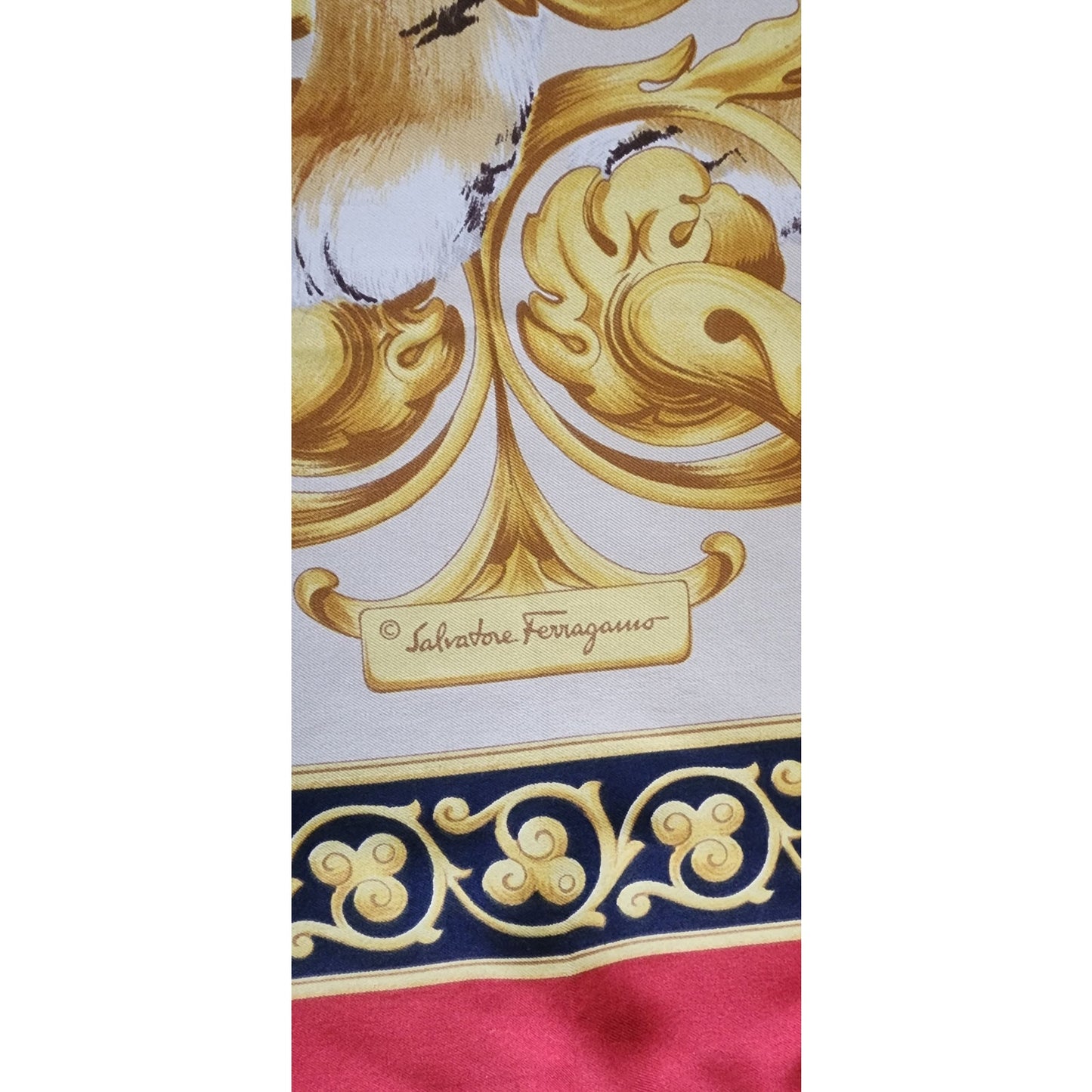 Vintage Ferragamo Silk Scarf Tiger Print Gold Baroque Scroll Print