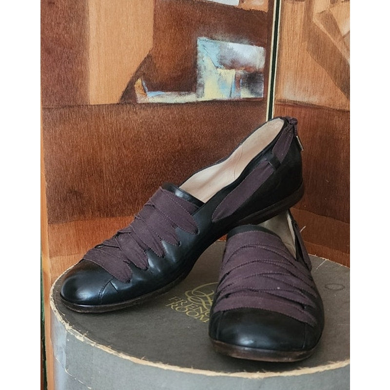 Vintage 1990s Dries Van Noten Shoes Black Leather Ballerina Flats Crisscross Ribbon Straps 39