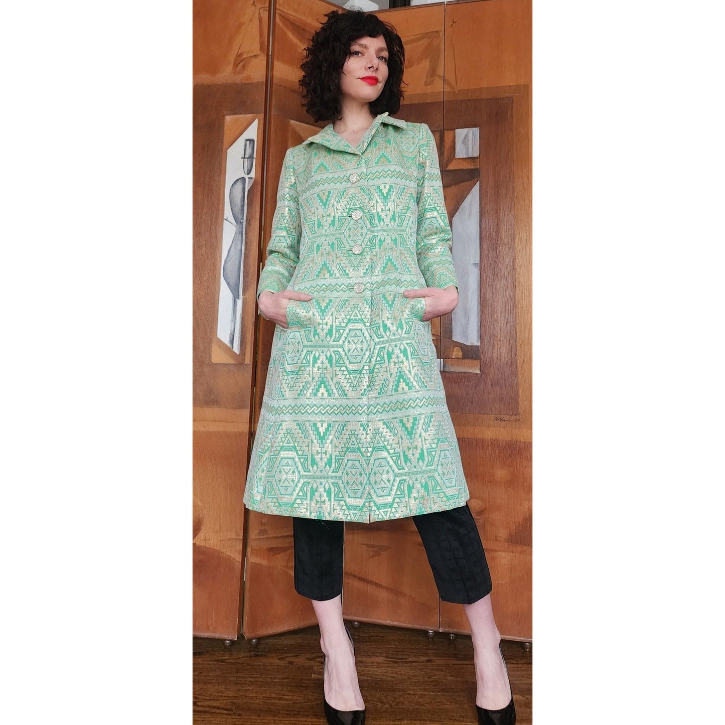 Vintage 60s Geometric Print Green Coat Mod Belted Chas A Stevens Medium